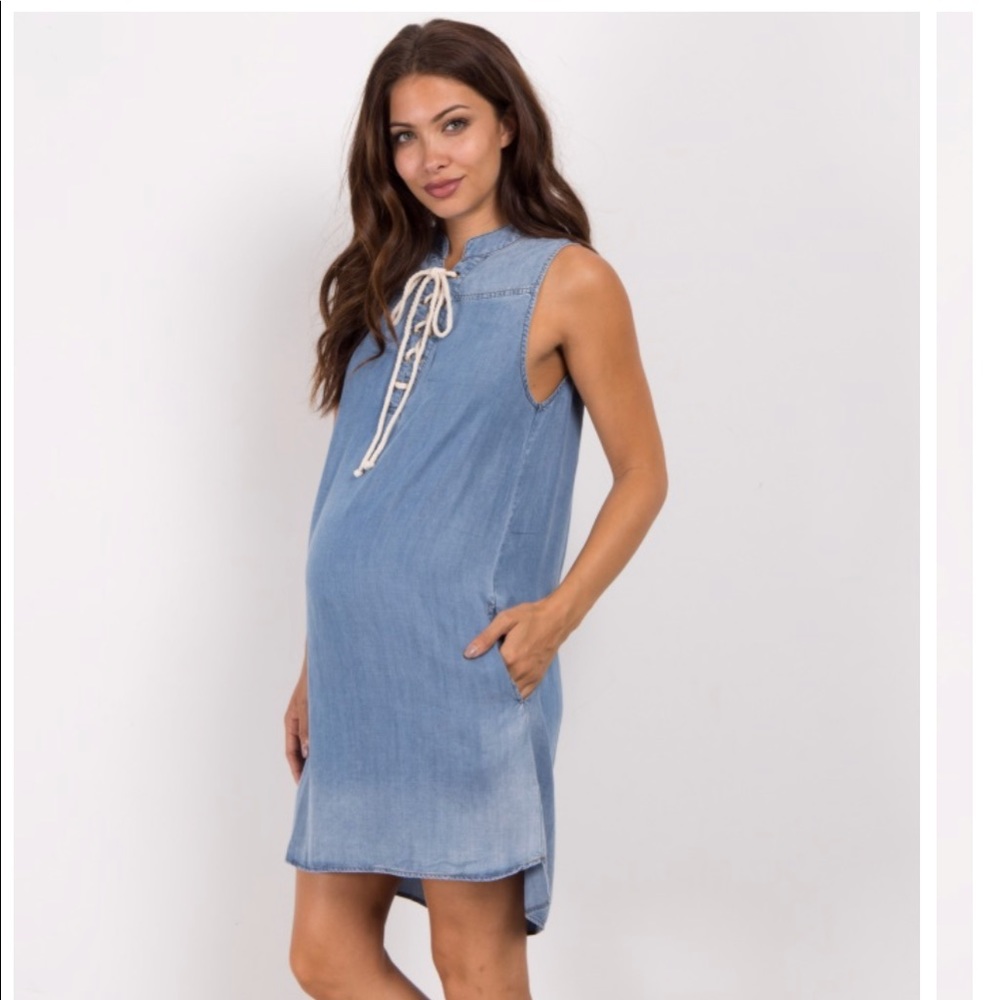 Pink Blush - maternity Blue Lace-Up Chambray Dress